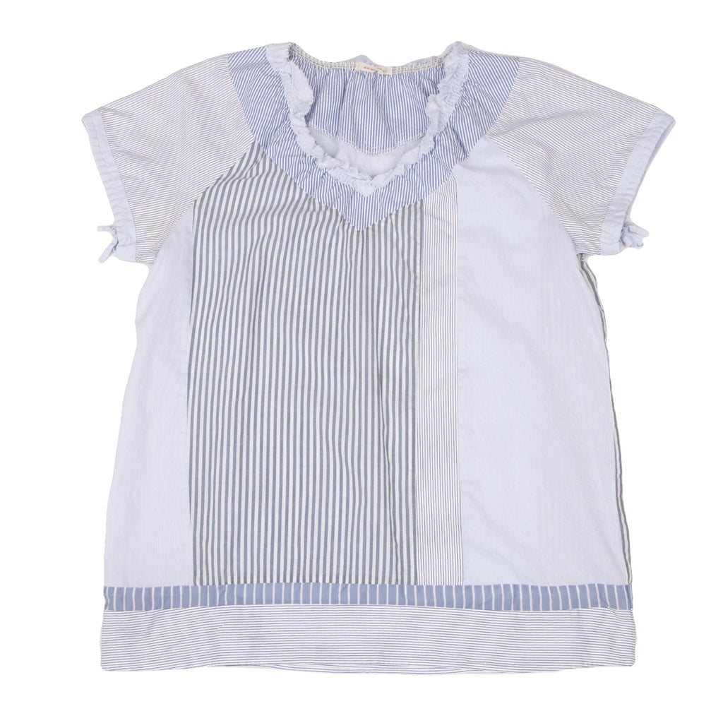 ADIEU TRISTESSE JAPAN. Sky blue, White Crazy Pattern Stripes Short Sleeve Blouse