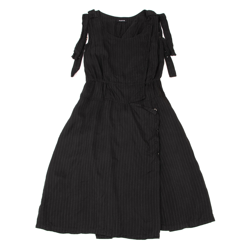 ISSEY MIYAKE JAPAN. ZUCCA..Black Pin Stripe Washed Shoulder Belt Striped Dress