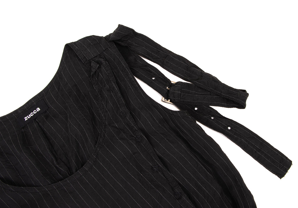 ISSEY MIYAKE JAPAN. ZUCCA..Black Pin Stripe Washed Shoulder Belt Striped Dress