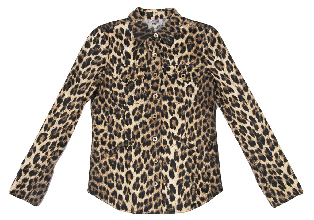 MOSCHINO ITALY. Leopard Animal Print Flap Pocket Shirt