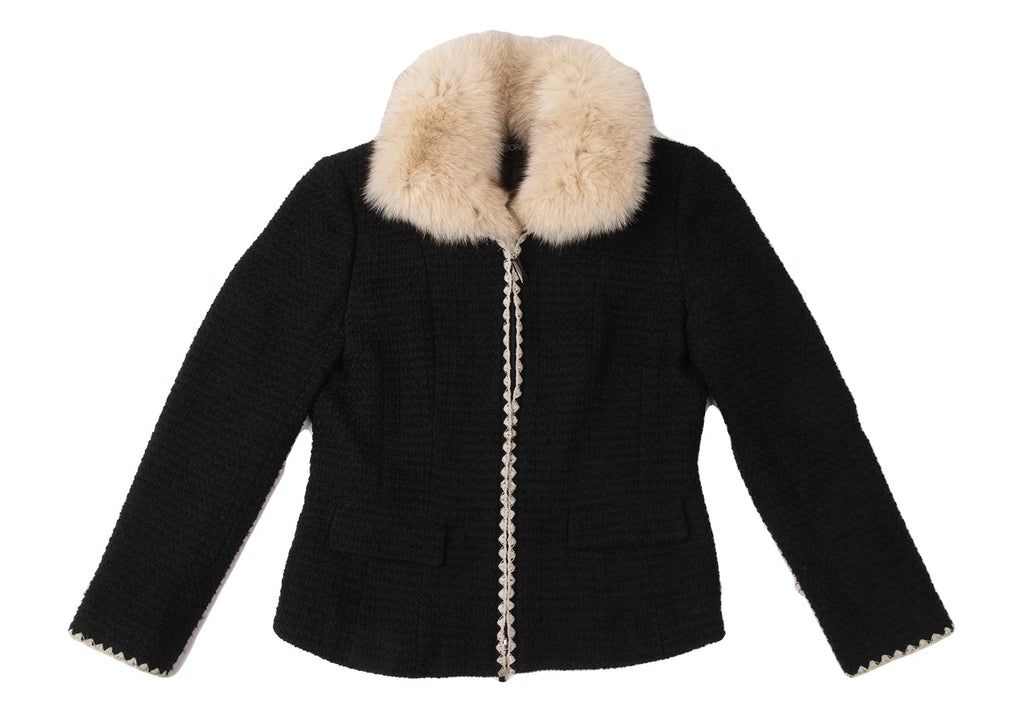 PINK HOUSE  INGEBORG JAPAN. Black Wool Fox Fur Tweed Jacket