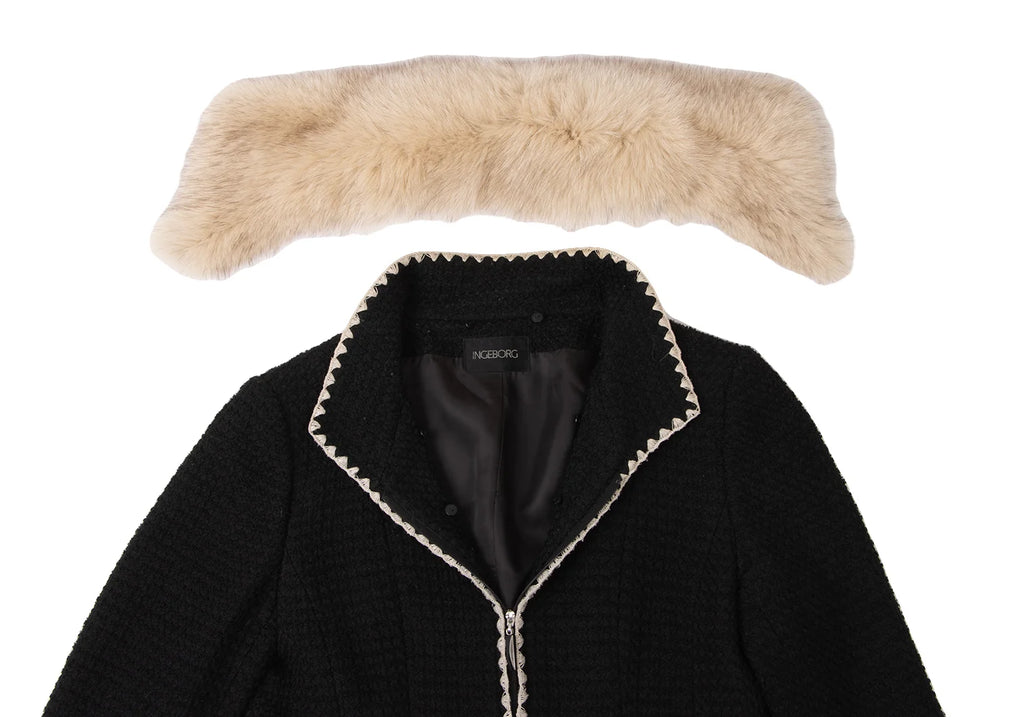 PINK HOUSE  INGEBORG JAPAN. Black Wool Fox Fur Tweed Jacket