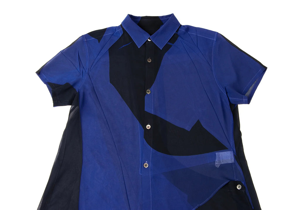 YOHJI YAMAMOTO JAPAN. Y's Blue, Black Poly Bicolor Semi-Sheer Shirt