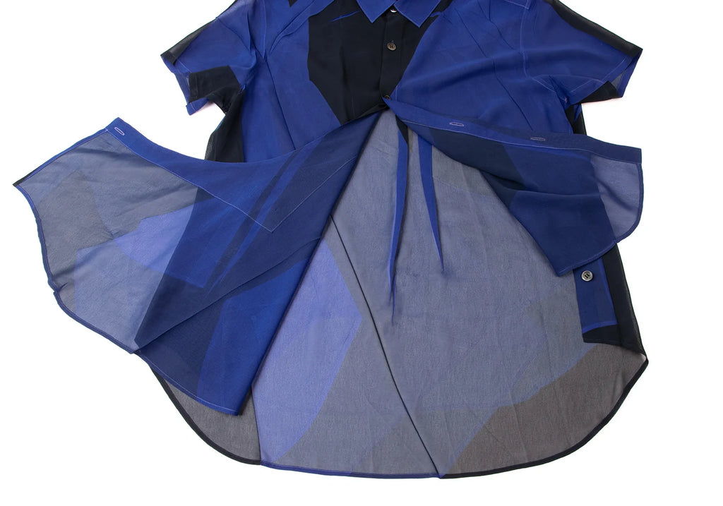 YOHJI YAMAMOTO JAPAN. Y's Blue, Black Poly Bicolor Semi-Sheer Shirt