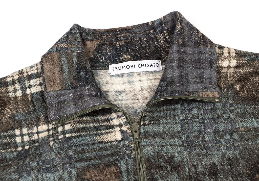 TSUMORI CHISATO JAPAN. Mixed Color Abstract Check Painted Zip-up Knit Jacket