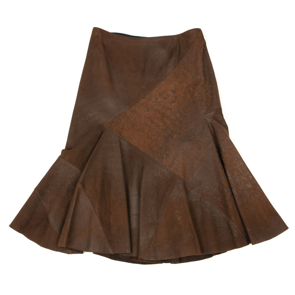 DONNA KARAN NEW YORK, Brown Lamb Leather Switching Flare Skirt