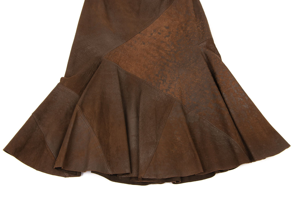 DONNA KARAN NEW YORK, Brown Lamb Leather Switching Flare Skirt