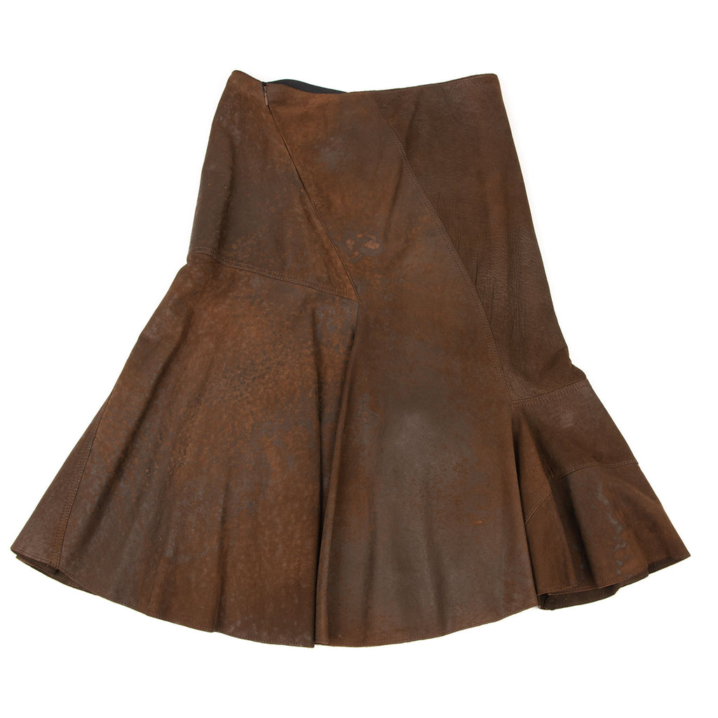 DONNA KARAN NEW YORK, Brown Lamb Leather Switching Flare Skirt