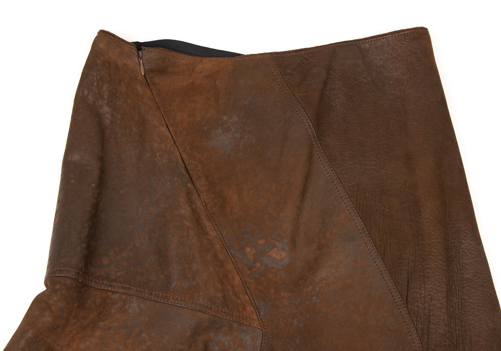 DONNA KARAN NEW YORK, Brown Lamb Leather Switching Flare Skirt