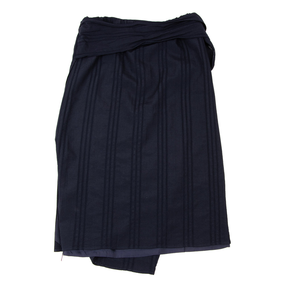 YOHJI YAMAMOTO JAPAN. Y'S WORKSHOP Navy Wool Lace Switching Wrap Skirt