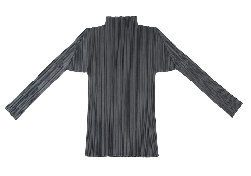ISSEY MIYAKE JAPAN. PLEATS PLEASE. Charcoal Gray Pleated Turtle Neck Long Sleeves Top