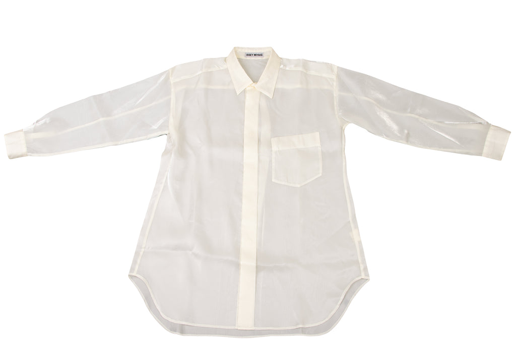 ISSEY MIYAKE JAPAN. White Wrinkled Satin Fly Front Shirt