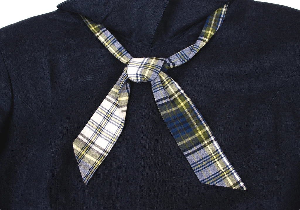 Mademoiselle NON NON Japan. Navy Back Button Short Sleeves Linen Dress