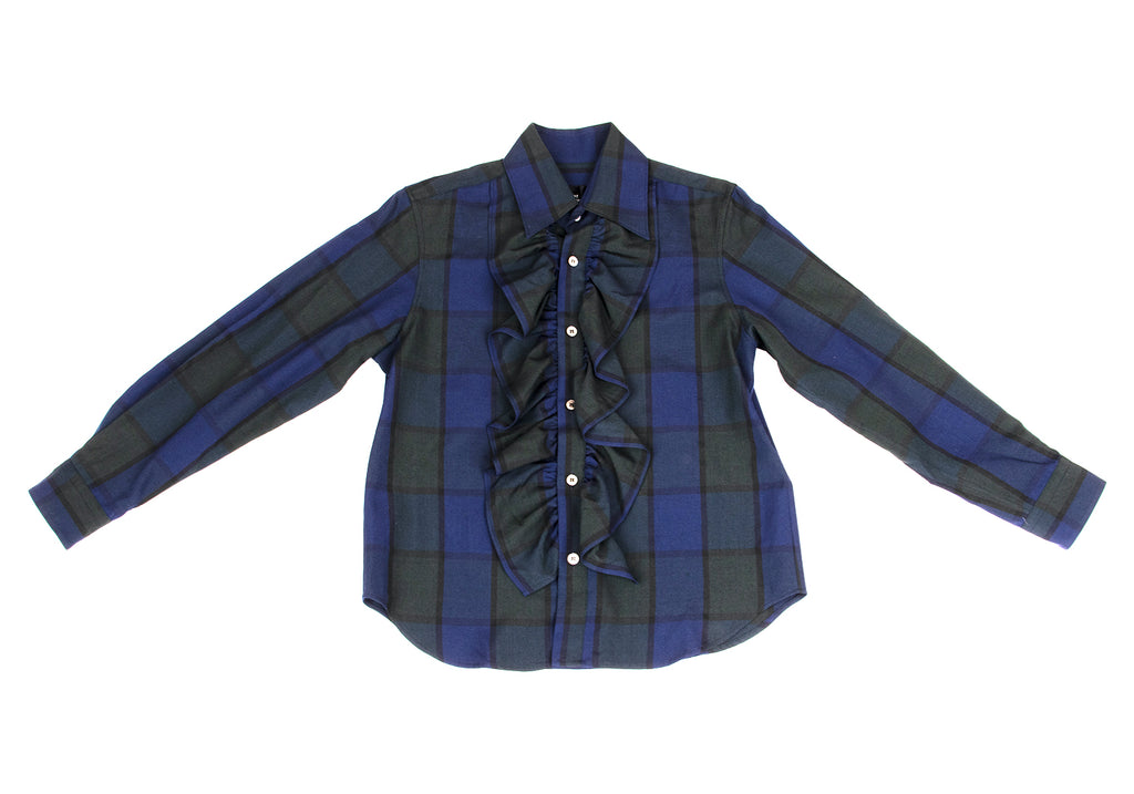 COMME des GARCONS JAPAN. TRICOT. Navy, Dark Green Striped Front Ruffle Shirt Navy,Dark Green