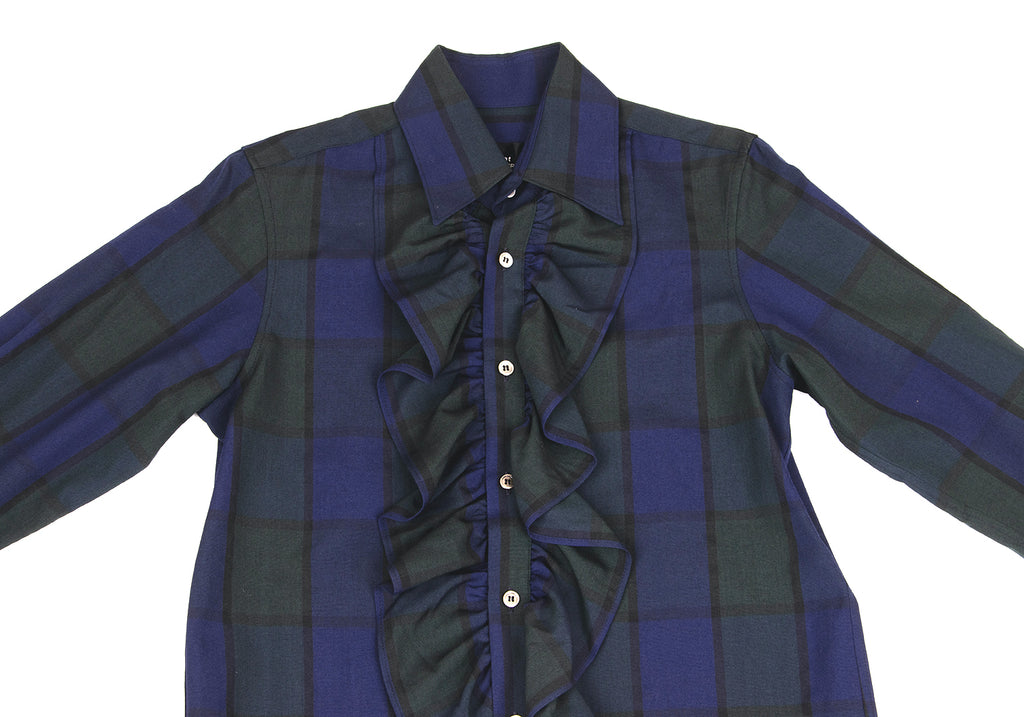 COMME des GARCONS JAPAN. TRICOT. Navy, Dark Green Striped Front Ruffle Shirt Navy,Dark Green