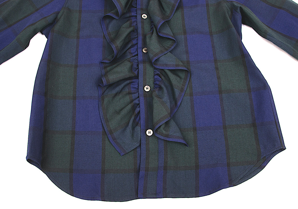 COMME des GARCONS JAPAN. TRICOT. Navy, Dark Green Striped Front Ruffle Shirt Navy,Dark Green