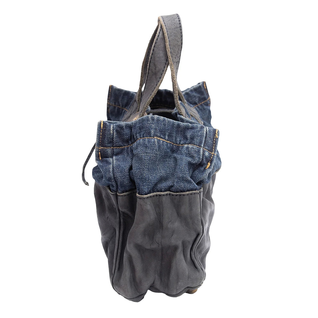 COMME des GARCONS JAPAN. TRICOT. Black Leather Indigo Switching Denim Washed Bag