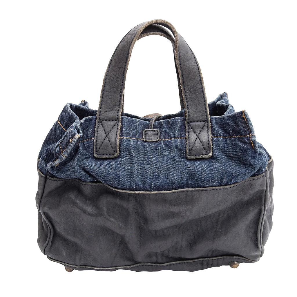 COMME des GARCONS JAPAN. TRICOT. Black Leather Indigo Switching Denim Washed Bag