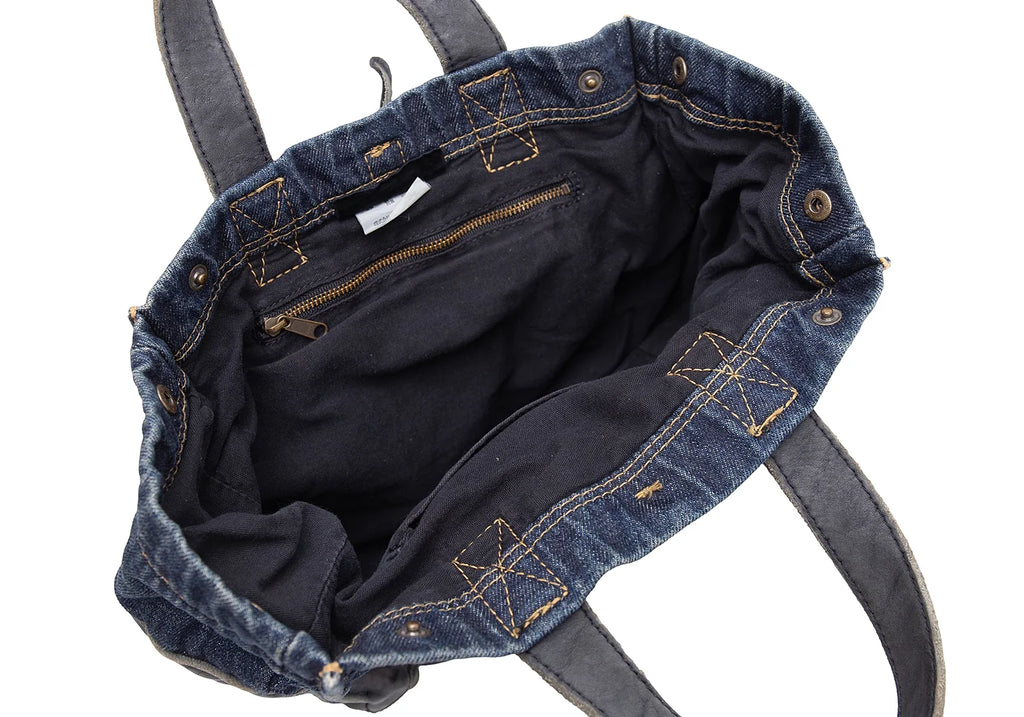 COMME des GARCONS JAPAN. TRICOT. Black Leather Indigo Switching Denim Washed Bag