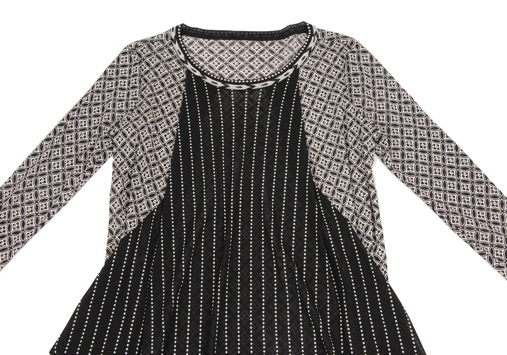 HIROKO KOSHINO JAPAN. HIROKO BIS Black, Ivory Drape Pocket Switching Dot Mesh Tunic