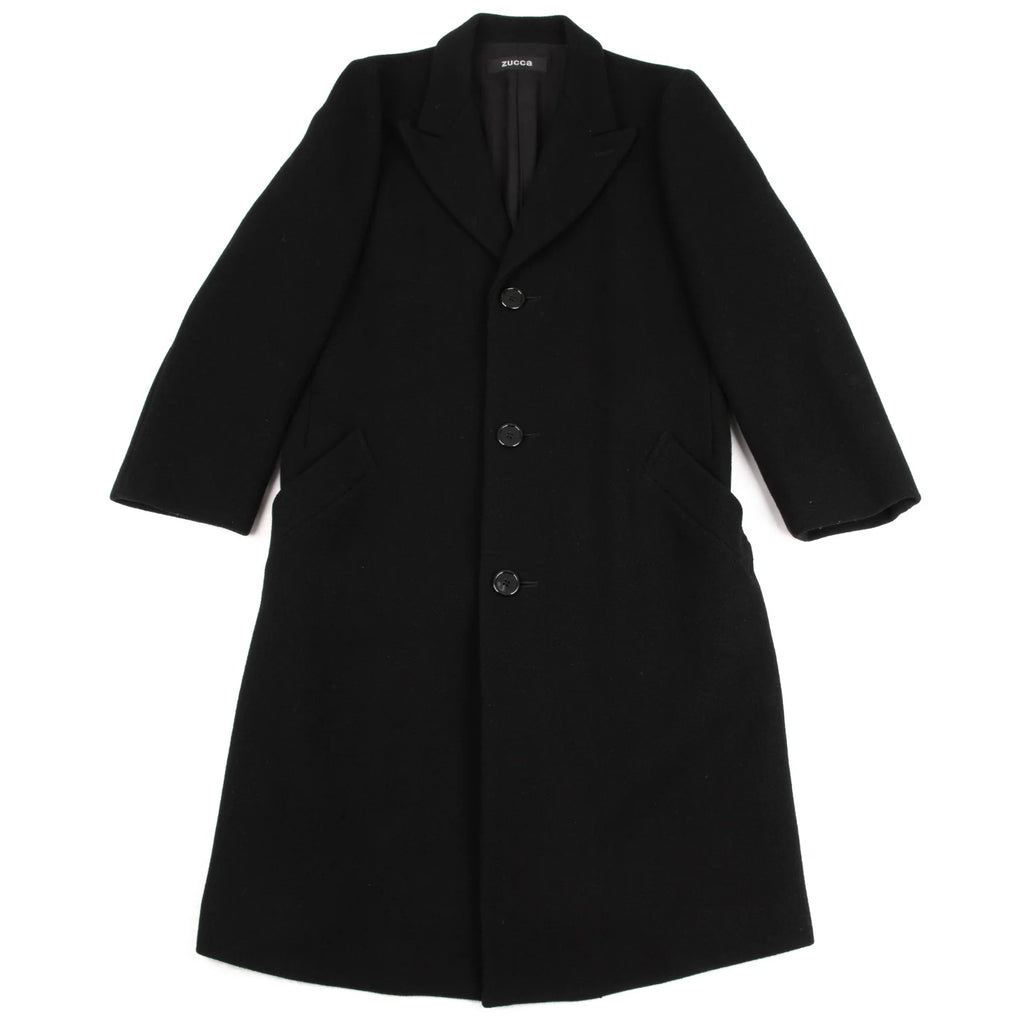 ISSEY MIYAKE JAPAN. zucca, Black Wool Peak Lapel Chester Coat