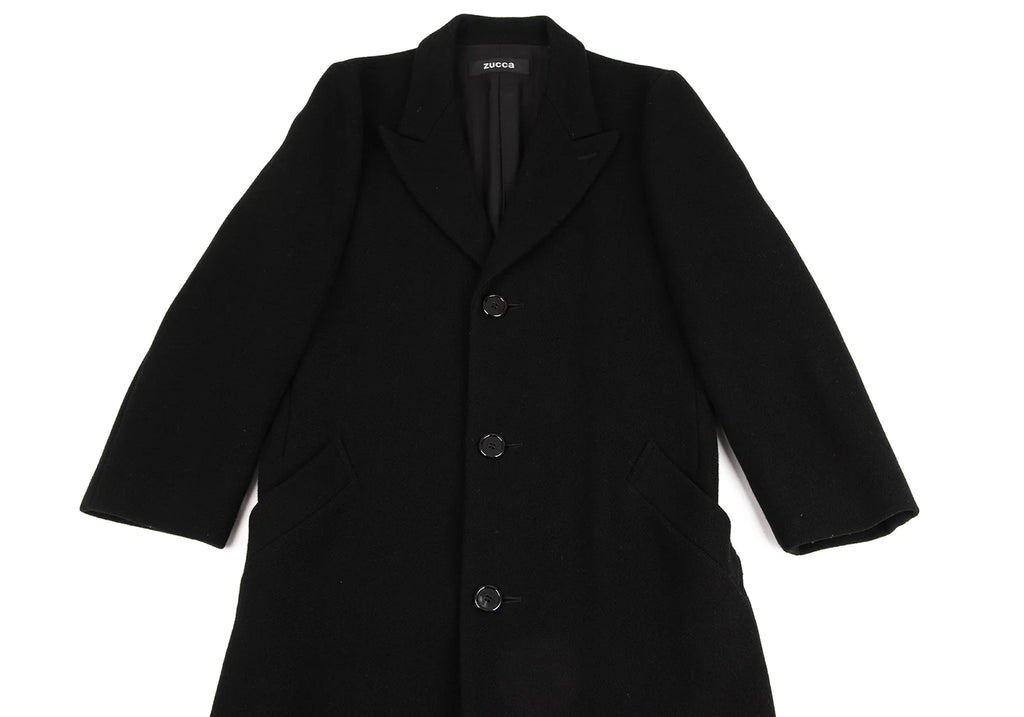 ISSEY MIYAKE JAPAN. zucca, Black Wool Peak Lapel Chester Coat