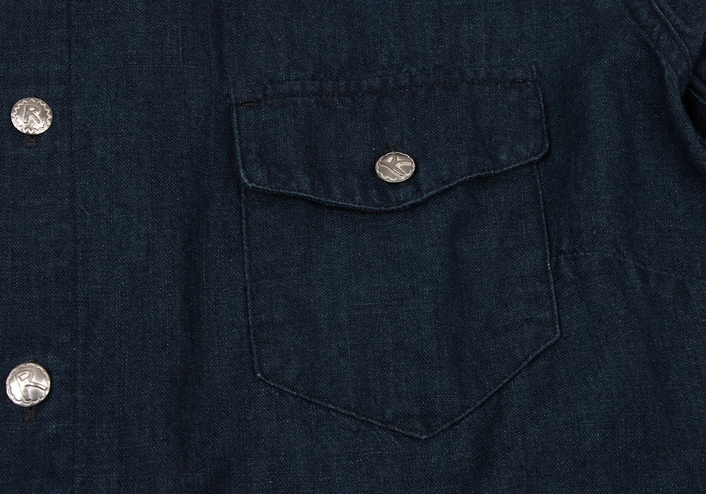 R by 45rpm JAPAN. Indigo Dyed Metallic Button 3/4 Sleeve Blouse
