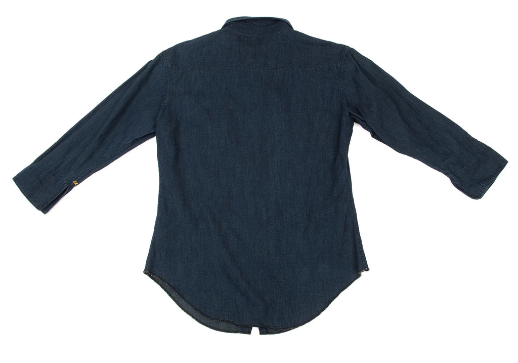 R by 45rpm JAPAN. Indigo Dyed Metallic Button 3/4 Sleeve Blouse
