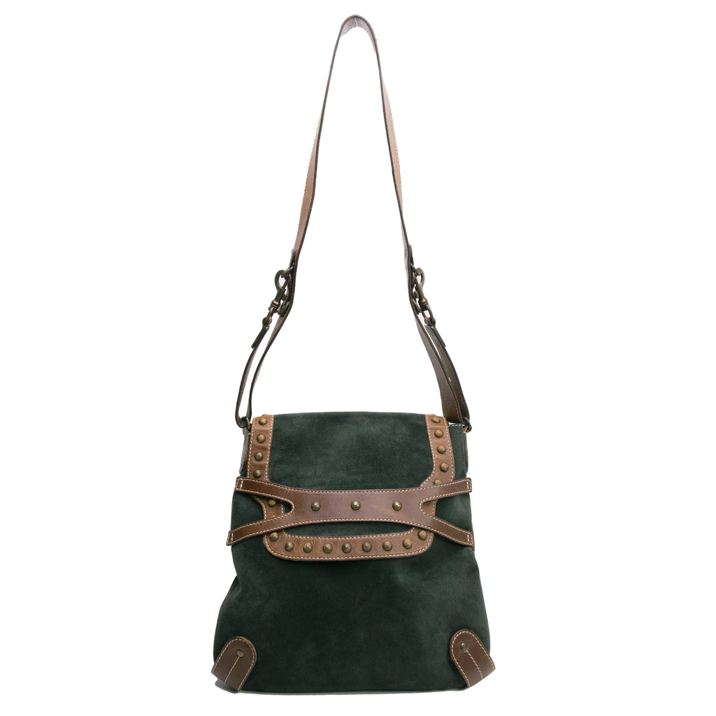 Chloe Paris. Dark Green Suede Brown Leather Shoulder Bag