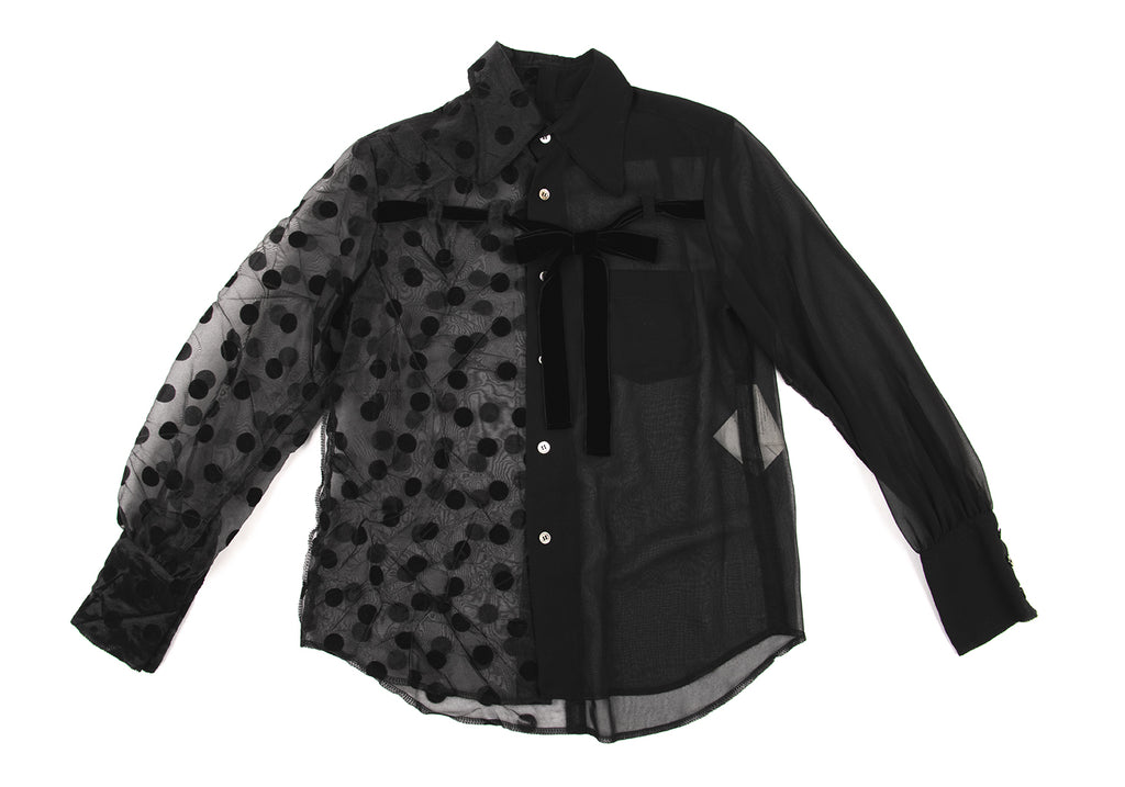 COMME des GARCONS JAPAN. TRICOT. Black Flocky Dot Switching Semi-Sheer Shirt