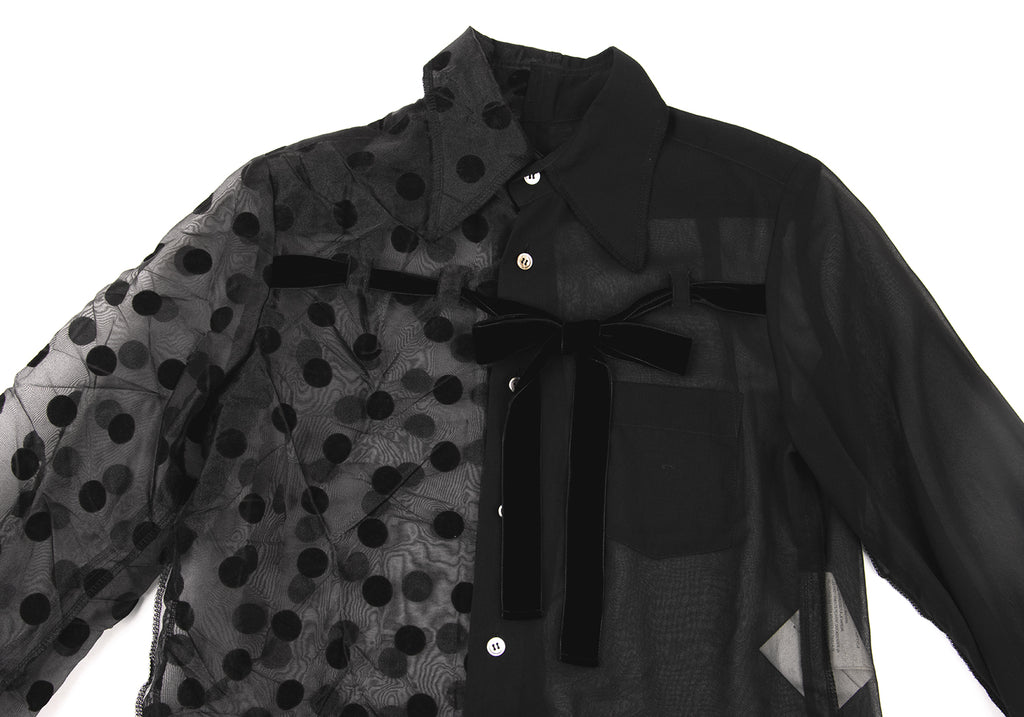 COMME des GARCONS JAPAN. TRICOT. Black Flocky Dot Switching Semi-Sheer Shirt