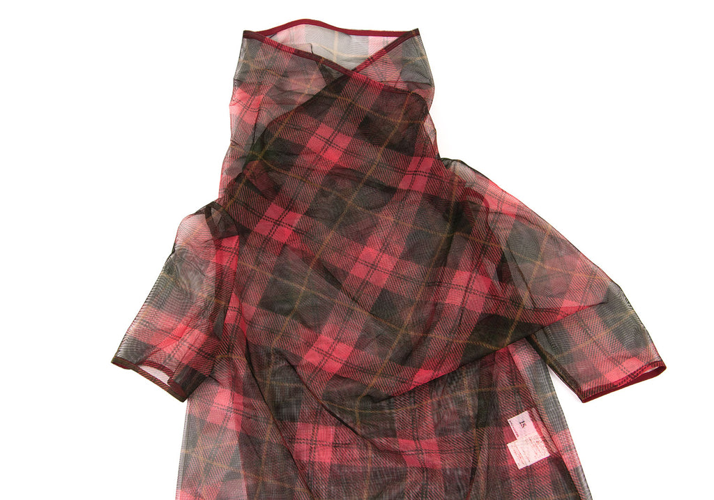 ISSEY MIYAKE JAPAN. sunaokuwahara I.S. Red Check Plaid Mesh Drape Neck Top