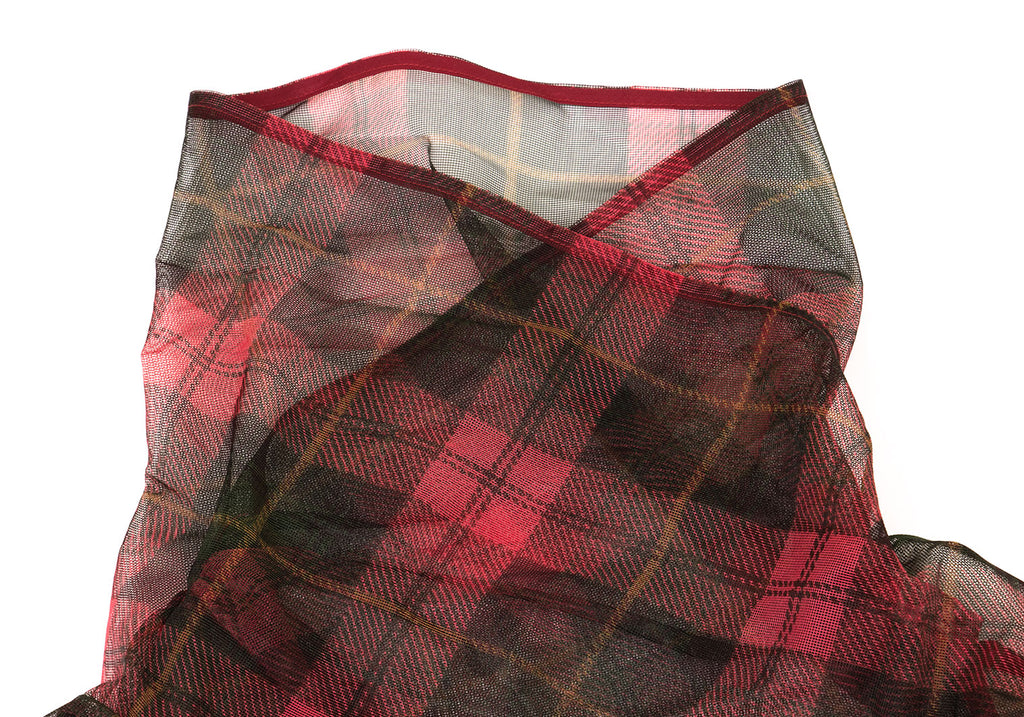 ISSEY MIYAKE JAPAN. sunaokuwahara I.S. Red Check Plaid Mesh Drape Neck Top