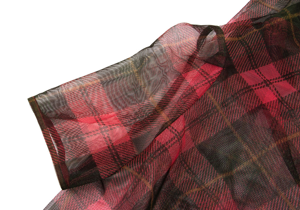 ISSEY MIYAKE JAPAN. sunaokuwahara I.S. Red Check Plaid Mesh Drape Neck Top