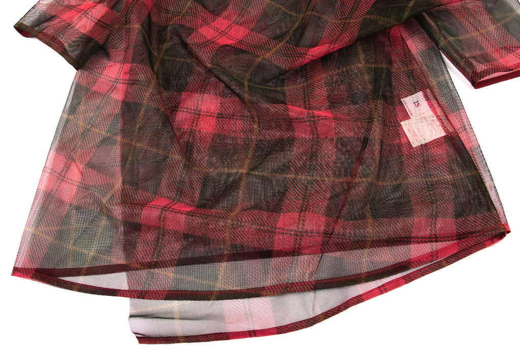 ISSEY MIYAKE JAPAN. sunaokuwahara I.S. Red Check Plaid Mesh Drape Neck Top