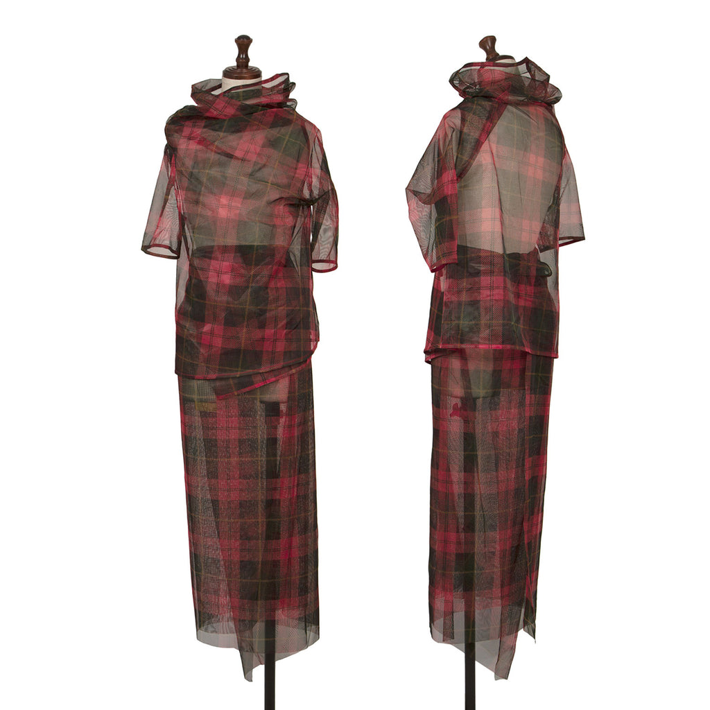 ISSEY MIYAKE JAPAN. sunaokuwahara I.S. Red Check Plaid Mesh Drape Neck Top