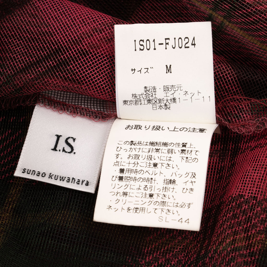 ISSEY MIYAKE JAPAN. sunaokuwahara I.S. Red Check Plaid Mesh Drape Neck Top