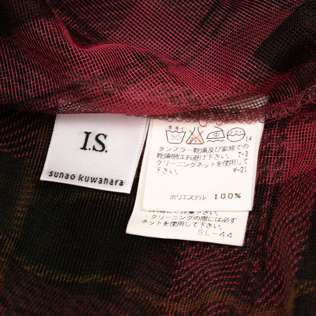 ISSEY MIYAKE JAPAN. sunaokuwahara I.S. Red Check Plaid Mesh Drape Neck Top