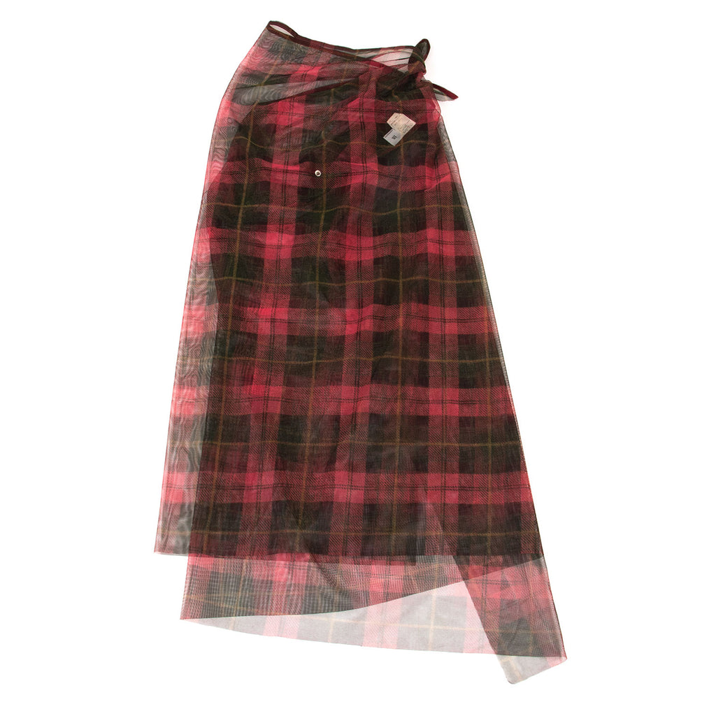 ISSEY MIYAKE JAPAN. sunaokuwahara I.S. Mesh Red Check Plaid Wrap Skirt