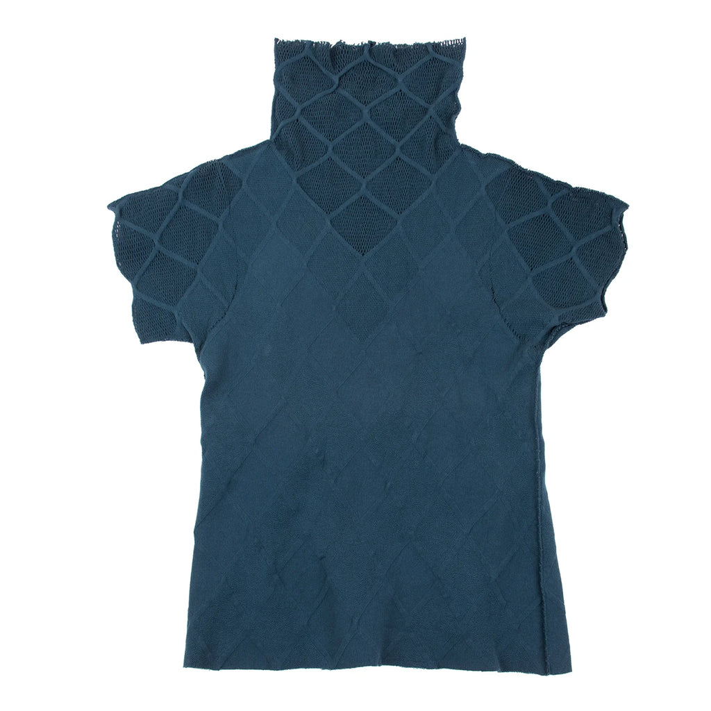 ISSEY MIYAKE JAPAN.   Navy Mesh Switching Check Hight-neck Short Sleeve Top