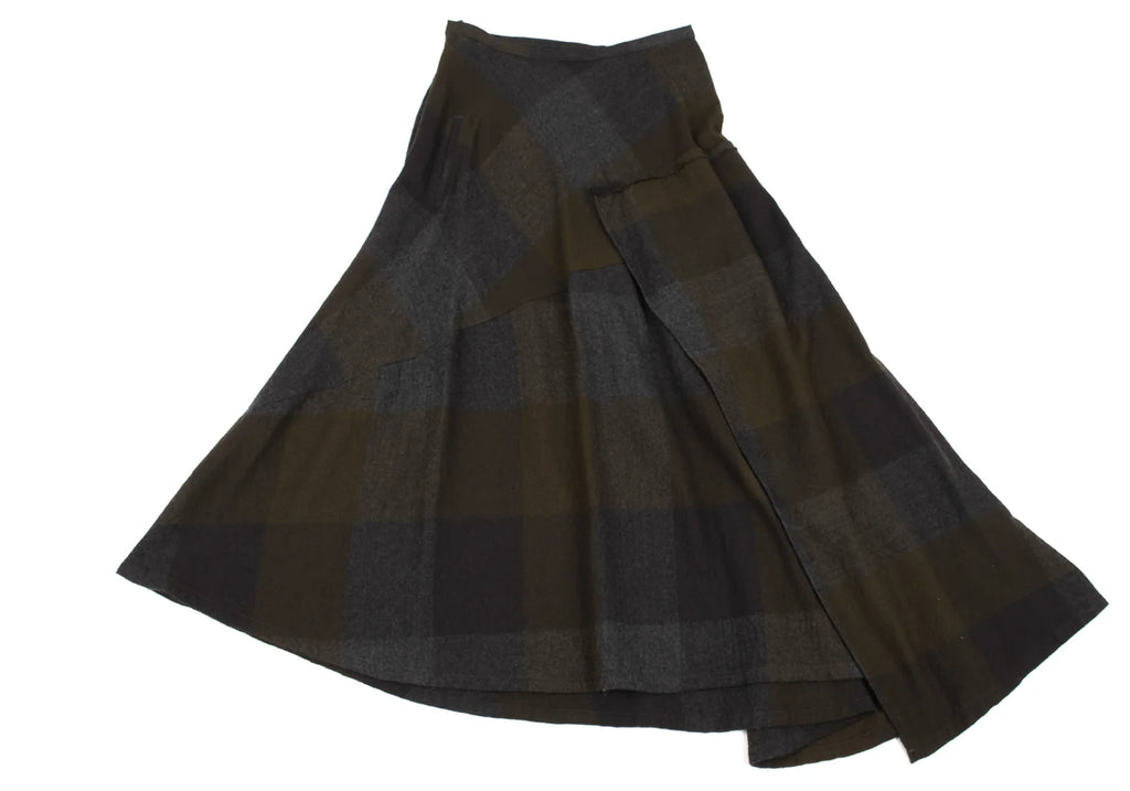 Yohji Yamamoto Japan. NOIR Charcoal, Khaki Block Plaid Check Switching Design Skirt