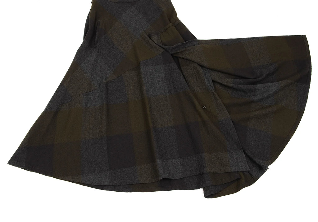 Yohji Yamamoto Japan. NOIR Charcoal, Khaki Block Plaid Check Switching Design Skirt