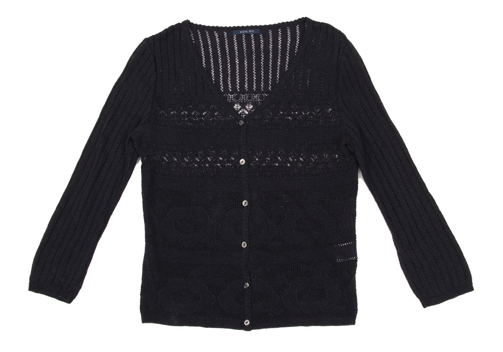 Mademoiselle NON NON  JAPAN. Navy Rayon Blend Lace Switching Semi Sheer Cardigan Top
