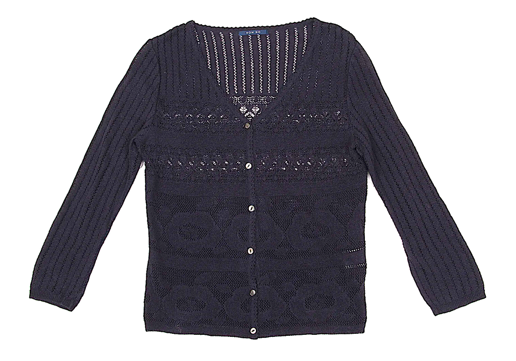 Mademoiselle NON NON  JAPAN. Navy Rayon Blend Lace Switching Semi Sheer Cardigan Top
