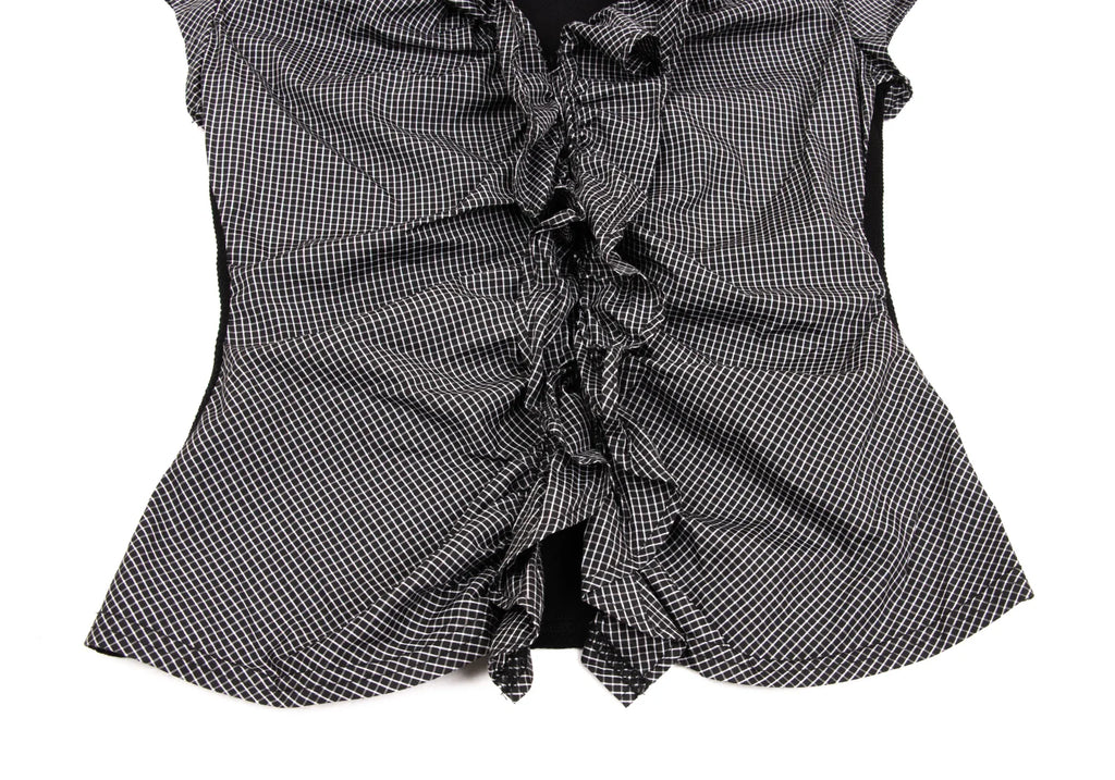 NARACAMICIE JAPAN. Black/Grey Checked Frill Switching Sleeveless Blouse