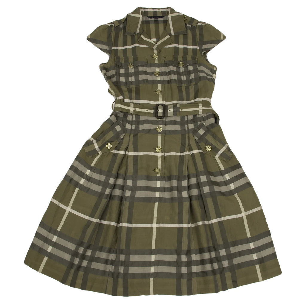 BURBERRY LONDON. Khaki Silk Blend Box Pleats Check Shirt Dress