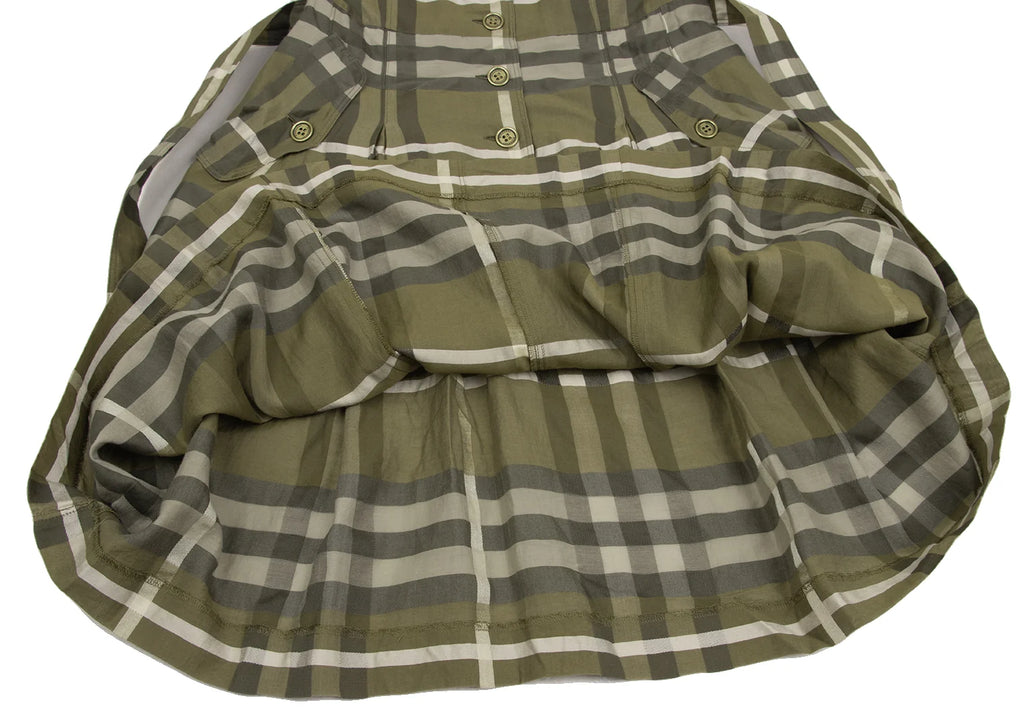 BURBERRY LONDON. Khaki Silk Blend Box Pleats Check Shirt Dress