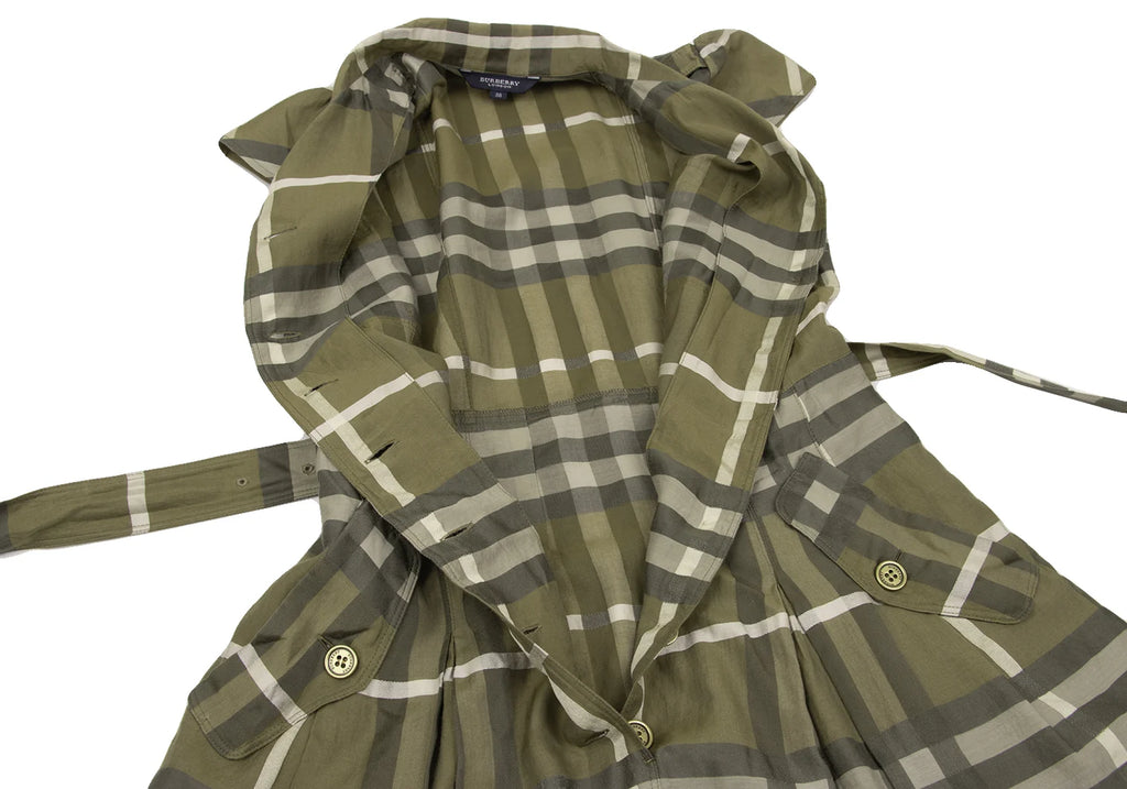 BURBERRY LONDON. Khaki Silk Blend Box Pleats Check Shirt Dress