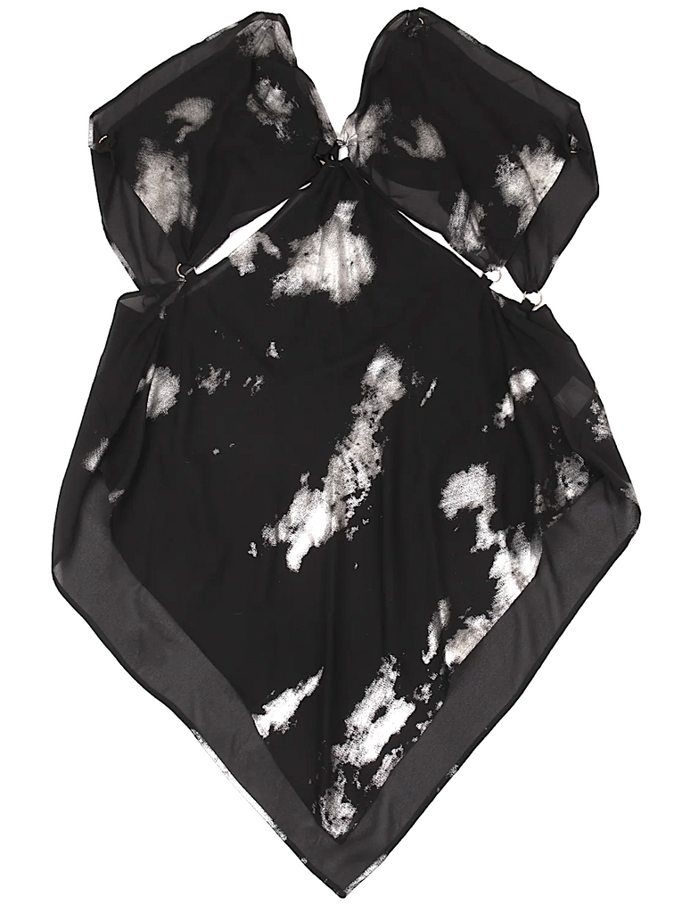 YOHJI YAMAMOTO. LIMI feu JAPAN.  Foil Printed Black Semi-Sheer Poly Dress