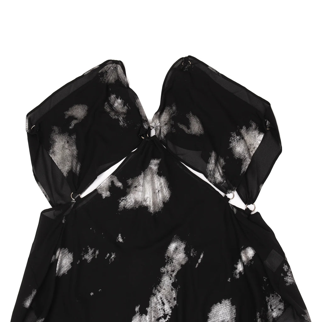 YOHJI YAMAMOTO. LIMI feu JAPAN.  Foil Printed Black Semi-Sheer Poly Dress
